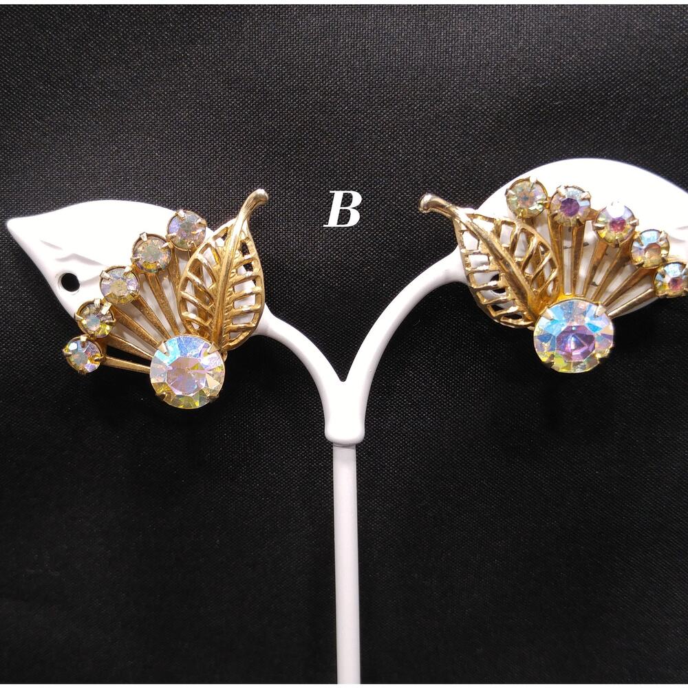 Vintage Leaf Ballou AB Rhinestone Earrings, Gold Plated, 1950s